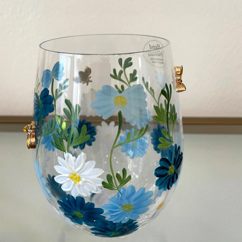 Hand Painted & Jeweled Stemless Wine Glass Blue Daisy Floral Bumblebee NEW